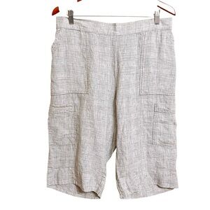 Flax Womens Linen Lagenlook Cargo Bermuda Shorts M Gray Tan Micro Plaid Relaxed